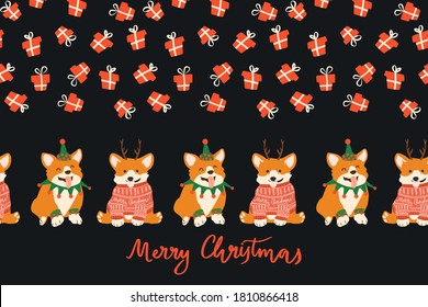 Vector adorable smiling corgi in Christmas ugly sweater and deer antlers. Seamless border on black background with red and white gift boxes.