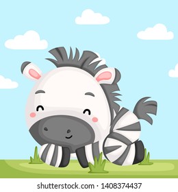 a vector of an adorable zebra relaxing in the grass