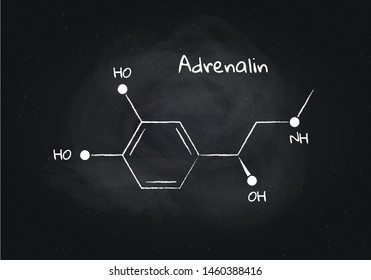 Vector adrenalin structure banner illustration. Hormone associated with adrenal response system and sport. White chalk lines isolated on black board background. Design element for pharmacy, education.