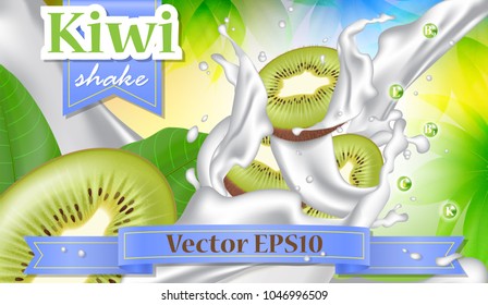 Vector ads 3d promotion banner, Realistic kiwi fruit splashing with falling slices, milk drops, vitamins, leaves. Mock up for yogurt, ice cream, milk dairy brand advertising. Label poster template.