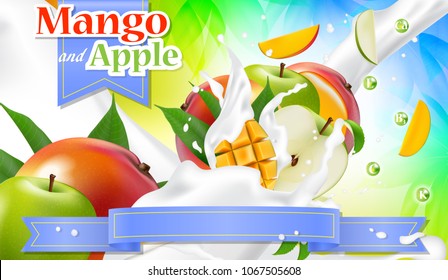 Vector ads 3d promotion banner. Realistic apple mango splashing with falling slices, juice drops, vitamins, leaves. Mock up for yogurt, ice cream, juice brand advertising. Label poster template. 