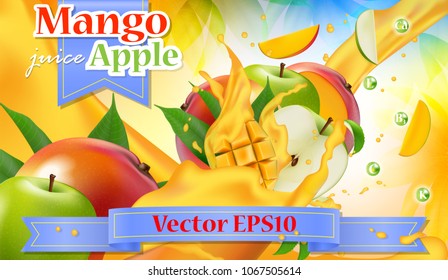 Vector ads 3d promotion banner. Realistic apple mango splashing with falling slices, juice drops, vitamins, leaves. Mock up for yogurt, ice cream, juice brand advertising. Label poster template. 