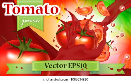 Vector ads 3d promotion banner, Realistic tomatoes splashing with falling slices, juice drops, vitamins, leaves. Mock up for juice brand advertising. Label poster template.