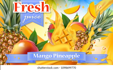 Vector ads 3d promotion banner, Realistic mango and pineapple  splashing falling slices, juice drops, vitamins. Mock up for juice, ice cream, yogurt brand advertising. Label poster template. 