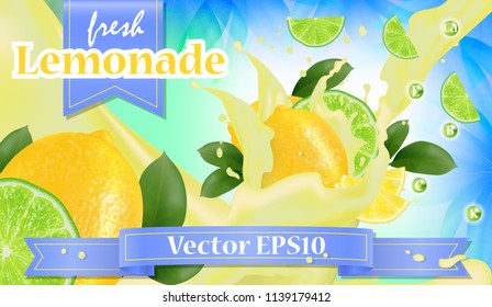 Vector ads 3d promotion banner, Realistic lemon and  fruit splashing with falling slices, juice drops, vitamins, leaves. Mock up for juice, ice cream, yogurt brand advertising. Label poster template. 