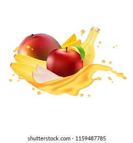 Vector ads 3d promotion banner, Realistic red apple, mango, banana splashing with falling slices, juice drops, vitamins, leaves. Ice cream, yogurt brand advertising. Label poster template. 