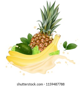 Vector ads 3d promotion banner, Realistic lime, banana, pineapple  splashing with falling slices, juice drops, vitamins, leaves. Ice cream, yogurt brand advertising. Label poster template. 