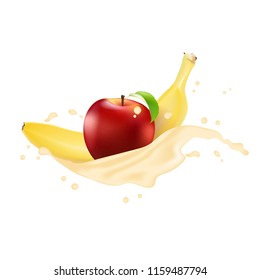 Vector ads 3d promotion banner, Realistic red apple, banana splashing with falling slices, juice drops, vitamins, leaves. Ice cream, yogurt brand advertising. Label poster template. 