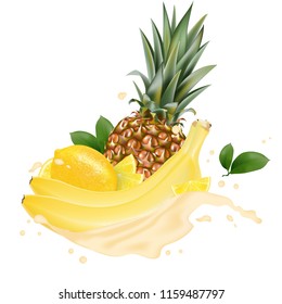 Vector ads 3d promotion banner, Realistic lemon, banana, pineapple  splashing with falling slices, juice drops, vitamins, leaves. Ice cream, yogurt brand advertising. Label poster template. 