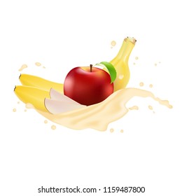 Vector ads 3d promotion banner, Realistic apple, banana, splashing with falling slices, juice drops, vitamins, leaves. Ice cream, yogurt brand advertising. Label poster template. 