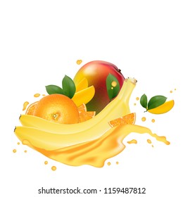 Vector ads 3d promotion banner, Realistic mango, banana, orange  splashing with falling slices, juice drops, vitamins, leaves. Ice cream, yogurt brand advertising. Label poster template. 