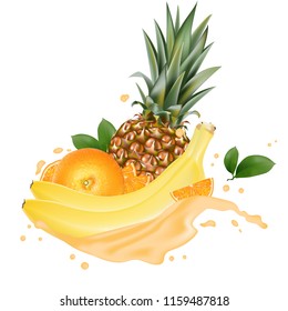 Vector ads 3d promotion banner, Realistic  orange, banana, pineapple  splashing with falling slices, juice drops, vitamins, leaves. Ice cream, yogurt brand advertising. Label poster template. 