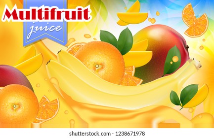 Vector ads 3d promotion banner, Realistic mango, orange, banana, pineapple splashing with falling slices, juice drops, vitamins, leaves. Ice cream, yogurt brand advertising. Label poster 
