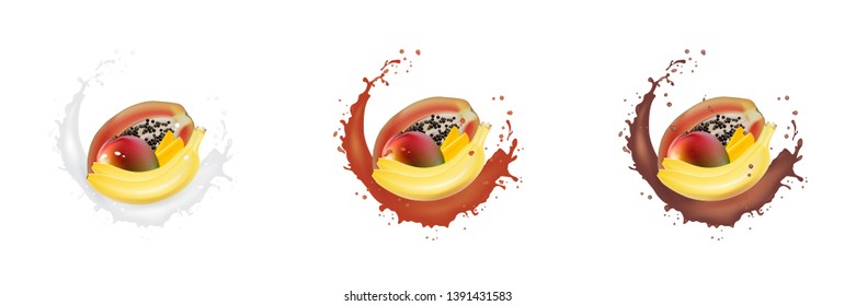 Vector ads 3d promotion banner, Realistic mango,  banana, papaya  splashing with falling slices, juice drops, vitamins, leaves. Ice cream, yogurt brand advertising. Label poster template. 