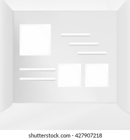 VECTOR ADS: Abstract Indoor room architecture  with frames and hanging shelves. Mock-up template ready for design.