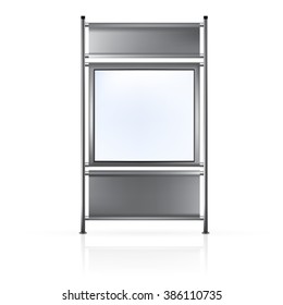 VECTOR ADS: Dark gray blank roll up banner with screen connected to steel side poles on isolated white background. Mock-up template ready for design.