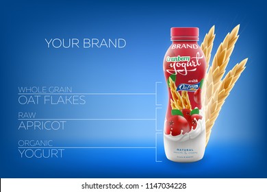 Vector ads of natural drinking yogurt with oats and raw cranberry bottle branding ready commercial infographic flyer realistic illustration