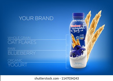 Vector ads of natural drinking yogurt with oats and raw blueberry bottle branding ready commercial infographic flyer realistic illustration