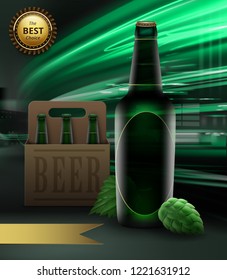 Vector ads realistic illustration of green beer bottle and hops with packing and gold ribbon with reward isolated on city light background