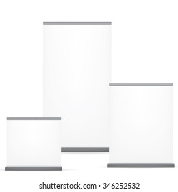 VECTOR ADS: White gray set of blank roll up banner on isolated white background. Mock-up template ready for design.