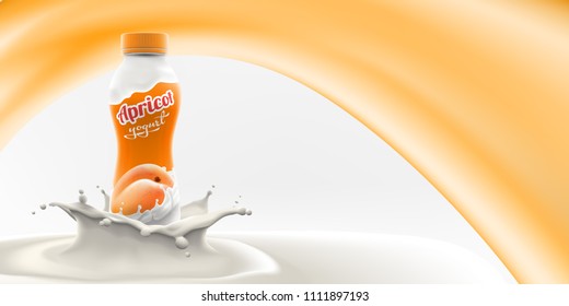 Vector ads of yogurt packging with apricot flavor and pieces in cream splash branding ready commercial flyer realistic illustration