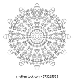 vector adult coloring book page circular pattern mandala  spring easter black and white - background with eggs, butterflies and flowers