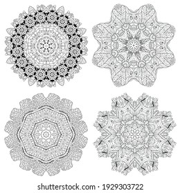 Vector Adult Coloring Book Patterns. Hand-painted art design. Adult anti-stress coloring page. Black and white hand drawn illustration set of 4 mandalas for coloring book.