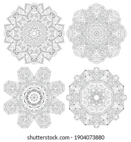 Vector Adult Coloring Book Textures. Hand-painted art design. Adult anti-stress coloring page. Black and white hand drawn illustration set of 4 mandalas for coloring book.
