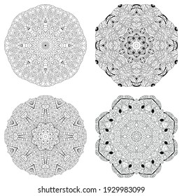 Vector Adult Coloring Book Textures. Hand-painted art design. Adult anti-stress coloring page. Black and white hand drawn illustration set of 4 mandalas for coloring book.