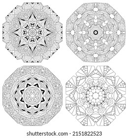 Vector Adult Coloring Book Textures. Hand-painted art design. Adult anti-stress coloring page. Black and white hand drawn illustration set of 4 mandalas for coloring book.