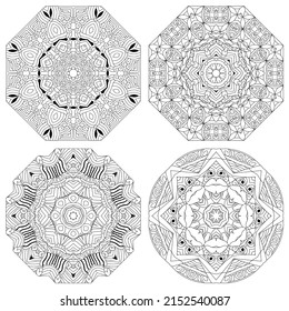 Vector Adult Coloring Book Textures. Hand-painted art design. Adult anti-stress coloring page. Black and white hand drawn illustration set of 4 mandalas for coloring book.