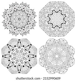 Vector Adult Coloring Book Textures. Hand-painted art design. Adult anti-stress coloring page. Black and white hand drawn illustration set of 4 mandalas for coloring book.