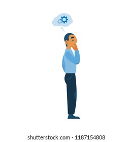 Vector adult man in casual clothing talking to colleague gesticulating with gear icon above head as mental process indicator. Worker communicating, discussing design. Flat illustration