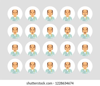 Vector adult man in doctor coat with stethoscope avatars and emoticons set in flat style, front view.