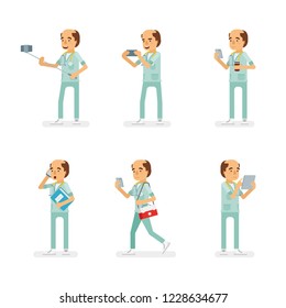 Vector adult man in doctor coat with stethoscope ready-to-use character gadget using poses set in flat style.