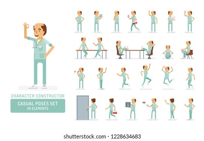 Vector adult man in doctor coat with stethoscope ready-to-use character casual poses set in flat style. Full length, gestures, emotions, front, side, back view.