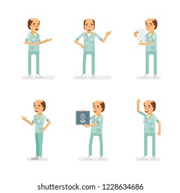 Vector adult man in doctor coat with stethoscope ready-to-use character marketing and infographic poses set in flat style.