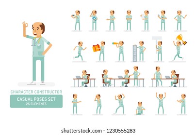 Vector adult man in doctor coat with stethoscope ready-to-use character casual poses set in flat style. Full length, gestures, emotions, front, side, back view.
