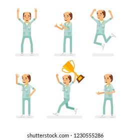 Vector adult man in doctor coat with stethoscope ready-to-use character success and positive mood poses set in flat style.
