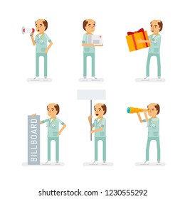 Vector adult man in doctor coat with stethoscope ready-to-use character marketing and infographic poses set in flat style.