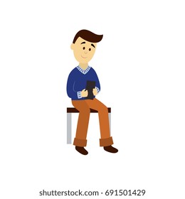 vector adult man in warm pullover reads the book sitting on public transport bench. Flat cartoon illustration isolated on a white background. Bus subway underground transport characters concept design