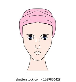Vector adult woman head at the cosmetology cabinet at spa procedure. Opened eyes and towel at her head, clear face without make up. Cartoon flat style