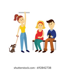 vector adult woman stays holding handrail, man and pregnant woman sits set. Flat cartoon illustration isolated on a white background Public transport - bus underground subway characters concept design