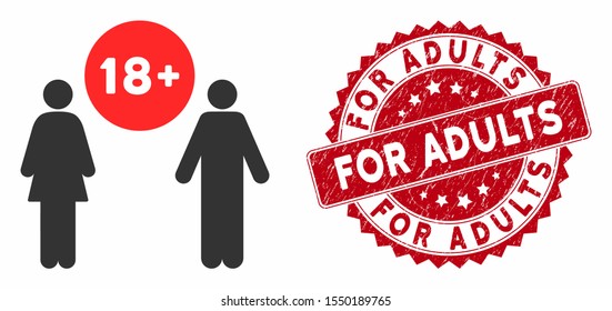 Vector for adults icon and grunge round stamp seal with For Adults text. Flat for adults icon is isolated on a white background. For Adults stamp seal uses red color and distress design.