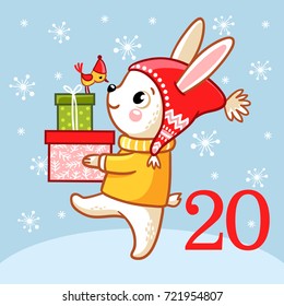 Vector ?hristmas advent calendar in children's style. Cute rabbit standing in the snow and holding box with Christmas gifts. Illustration with animal.