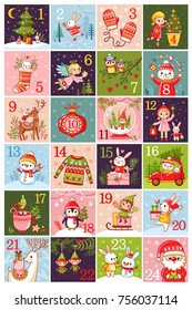 Vector ?hristmas advent calendar in children's style. Collection of vector illustrations with animals. Christmas pictures with Santa Claus. Calendar 2018.