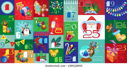 Vector Advent Calendar with Christmas Attributes. Background of cells of Christmas colors