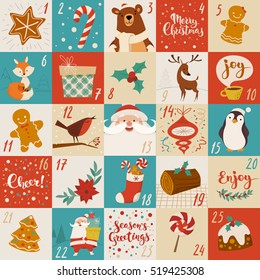 Vector advent calendar with Christmas cartoon characters and symbols. Penguin, Santa, gift, fox, bear, sweets and holiday calligraphy.