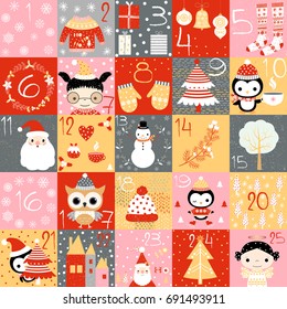 Vector advent calendar for Christmas with numbers and cute winter themed drawings in red, gold and grey colors