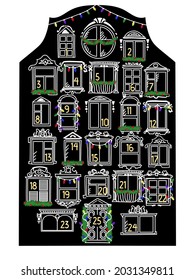 
Vector advent calendar with countdown 25 days before Christmas, black house with white windows of different shapes, sizes and hand-drawn style, with garlands and Christmas decor